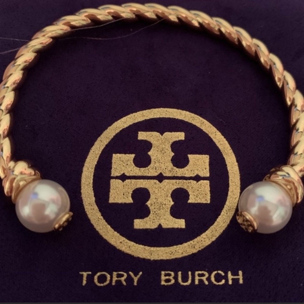 Tory Burch golden Rope Cuff Bracelet with pearls resizable 6-7” wrist